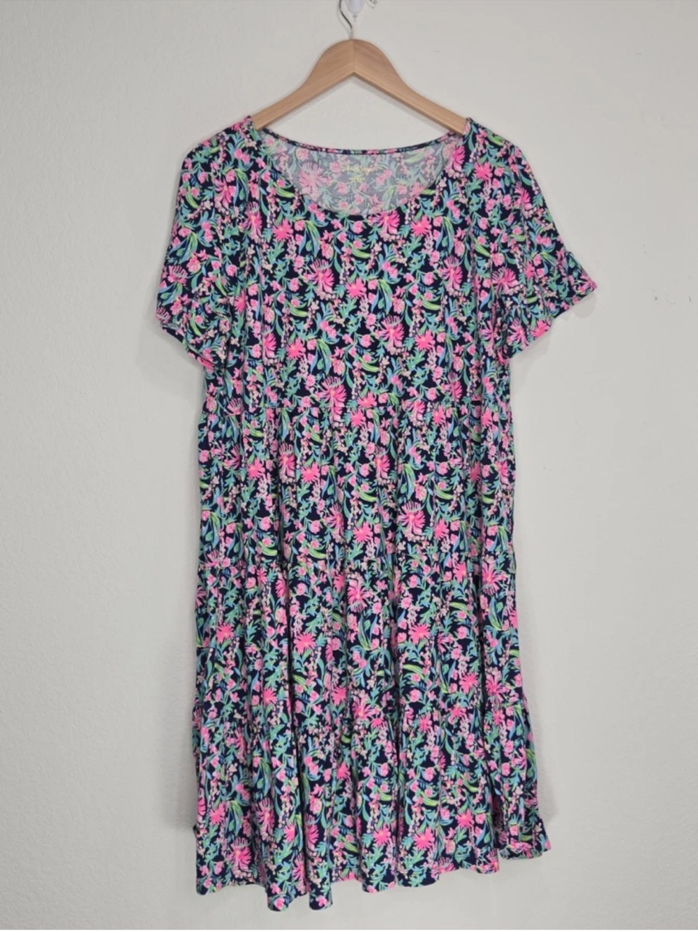 Lilly Pulitzer Jodee Short Sleeve Dress Low Tide Navy Garden Variety Size XL